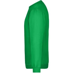 A green jumper features a classic crew neck and long sleeves, with a branding logo on the side.