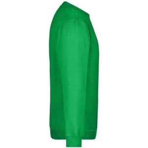 A green round-neck sweatshirt with long sleeves and a ribbed cuff. It includes a branding logo.