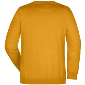 A yellow sweatshirt with a round neckline and long sleeves, featuring a logo on the back.