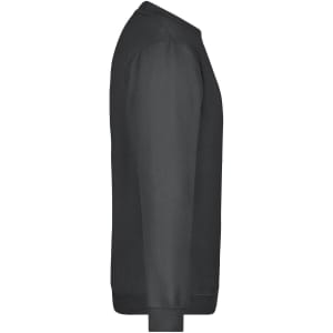 A side view of a black jumper, featuring long sleeves and a round neckline, with a logo present.