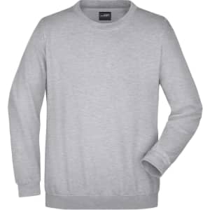A grey round neck sweatshirt with long sleeves, featuring a subtle logo on the neckline.