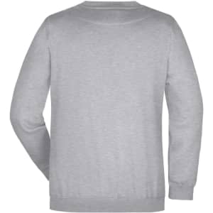 A grey jumper, featuring a simple design and a crew neck, with a branding logo on the back.