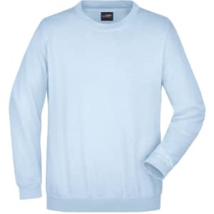 A light blue round neck sweat jumper with long sleeves and a branded tag in the neckline.