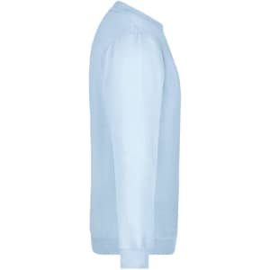 A light blue sweatshirt with long sleeves, featuring a simple design and a logo on the front.