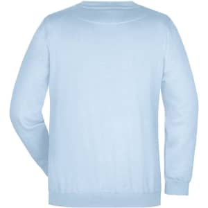 A light blue round neck sweater with long sleeves, featuring a plain design and a branding logo on the back.