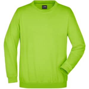 A bright green round-necked sweater with long sleeves and a ribbed hem, featuring a small logo on the label.