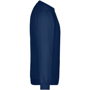 A navy blue sweatshirt with a crew neck, featuring a side view outline and long sleeves. It has a logo.