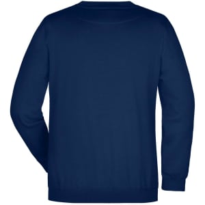 A navy blue round sweat jumper with long sleeves and a plain back design. It features a branding logo.