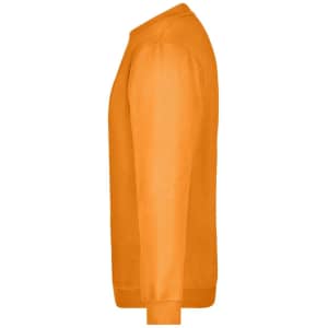 An orange round sweat heavy jumper with long sleeves, shown from the side. It features a simple design and has a logo.