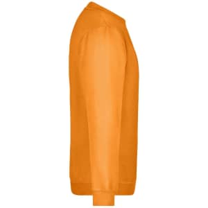An orange round sweat jumper featuring long sleeves and a crew neck. It has a logo on the fabric.