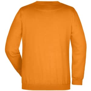 A round neck, long-sleeved sweater in bright orange, featuring a plain back design and a logo.