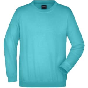A turquoise sweat jumper with a crew neck and long sleeves, featuring a logo on the tag.
