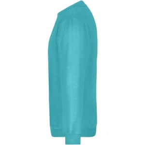 A side view of a turquoise jumper with a ribbed cuff and collar. The product features a logo.