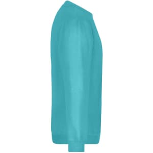 A turquoise round sweat jumper with long sleeves and a crew neck. It features a brand logo.