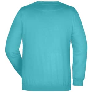 A turquoise round sweat jumper featuring a plain back design and a simple silhouette. Includes branding.
