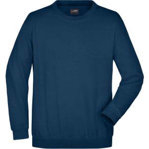 A navy blue jumper with long sleeves and a round neckline, featuring a logo on the label.
