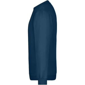 A navy blue sweater featuring a round collar and long sleeves, with a logo on the chest.