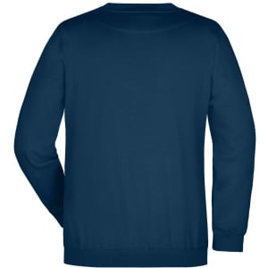 A navy blue sweater with a round neck and long sleeves, featuring a logo on the back.