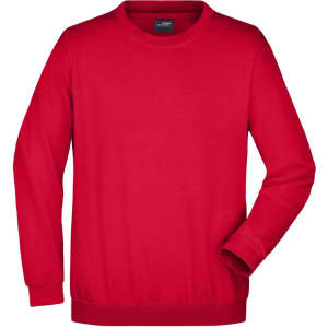 A red sweatshirt with a round neckline and long sleeves. It features a logo on the label.