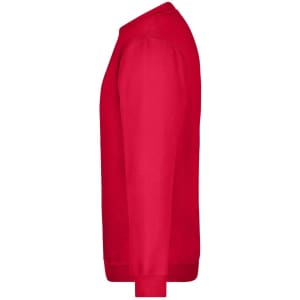 A red jumper with a simple design, featuring long sleeves and a crew neck. It has branding on the side.