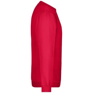 A red jumper sweater displayed from the side, featuring a plain design and a small logo.