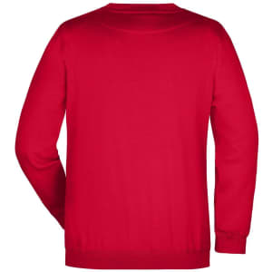 A red jumper with long sleeves and a crew neck, featuring a plain back. It has a logo on the side.