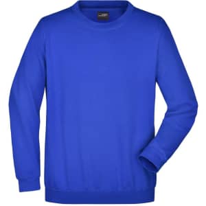 A blue round neck sweatshirt with long sleeves and a casual fit, featuring a small logo on the label.