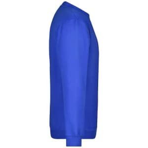 A blue jumper featuring a round neck and long sleeves, with a logo on the front.