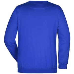 A blue jumper with a round neck and long sleeves, featuring a plain back and a branding logo.