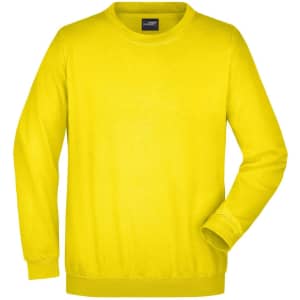 A bright yellow sweater with a round neck and long sleeves. It features a logo on the label.