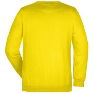 A yellow jumper with a round neck and long sleeves, featuring a plain back. It has a logo on the fabric.