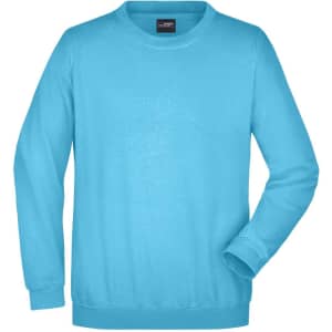 A light blue jumper with a crew neckline and long sleeves, featuring a logo on the label.