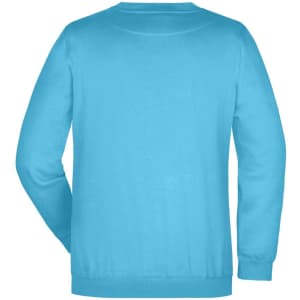 A blue sweatshirt with a round neckline and long sleeves, featuring a logo on the back.