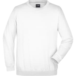 A white round sweat heavy jumper with a simple design and a branding logo on the label.