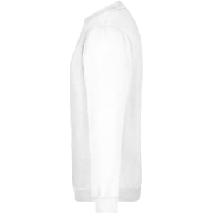 A white jumper with long sleeves and a crew neck, featuring a subtle logo on the side.