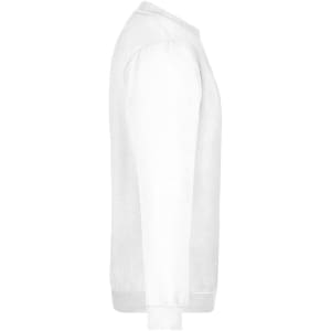 A white sweatshirt featuring long sleeves and a crew neck design, with a logo on the side.