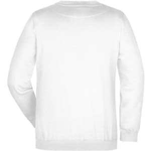 A white jumper with a round neckline and long sleeves. The back view shows a simple design with a logo.