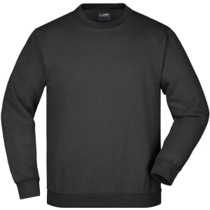 A black round sweat jumper featuring a crew neckline and long sleeves. It has a logo on the interior label.