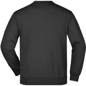 A black heavy junior sweatshirt featuring a round neck and long sleeves. It has a logo on the back.