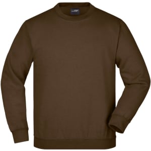 A brown jumper featuring long sleeves and a round neck, with a logo on the chest.