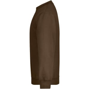 A brown jumper featuring a crew neck and long sleeves, with a logo on the side.