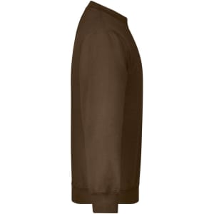 A brown jumper with a classic crew neck and long sleeves, featuring a logo on the side.