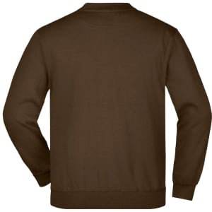 A brown jumper with a round neck and long sleeves, featuring a plain back and a logo.