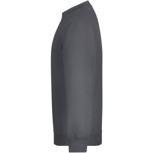 A grey, round neck jumper with long sleeves and a ribbed hem, featuring a logo.