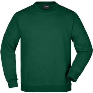 A green round neck sweatshirt is displayed, featuring long sleeves and a simple, unembellished design.