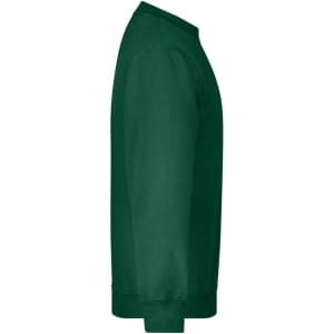 A side view of a green jumper, featuring a crew neck and long sleeves, with a logo on the front.