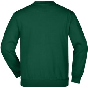 A green jumper featuring a round neck and elasticated cuffs, with a logo on the back.