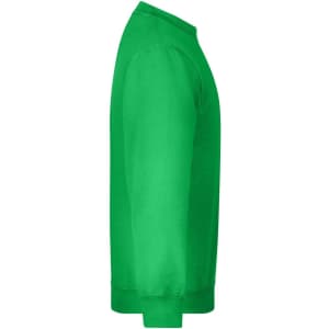 A green sweat jumper in a side view, featuring long sleeves and a crew neck. It has a logo on the front.