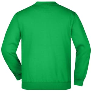 A green jumper featuring a plain back design and a crew neck. It includes a logo on the fabric.