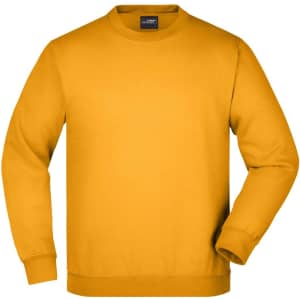 A round neck, heavy yellow sweatshirt with long sleeves and a logo.